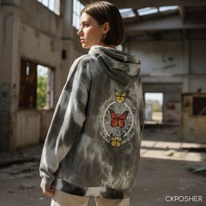 Zodiac “Inhale The Good” XL Butterfly Graphic Tie Dye Full Zip Hoodie Oversized